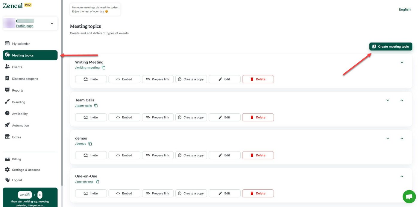 Click Create Meeting Topic in Zencal