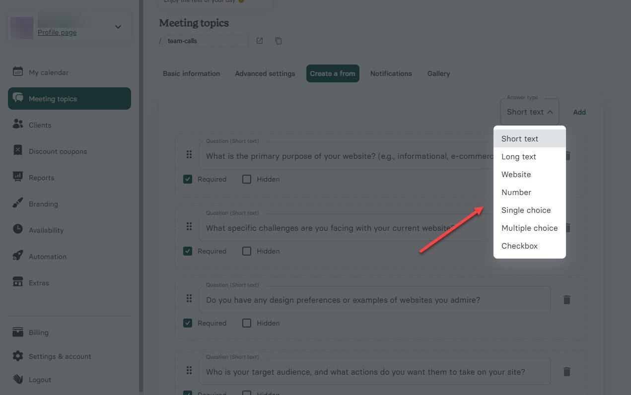 Question Types for Booking Pages