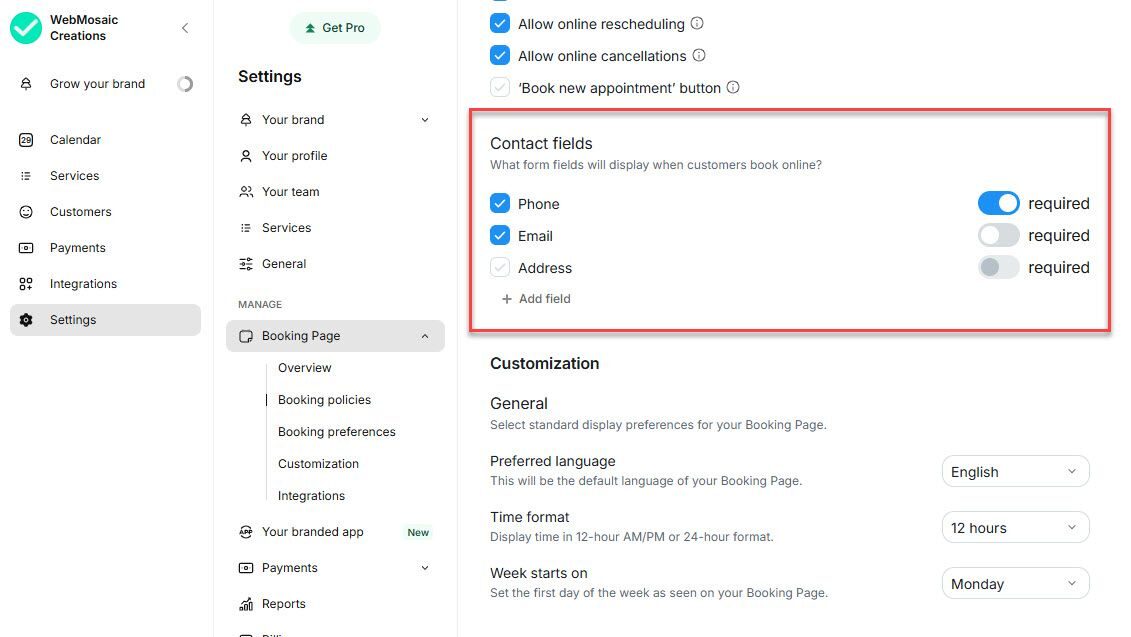 Set Contact Fields in Setmore