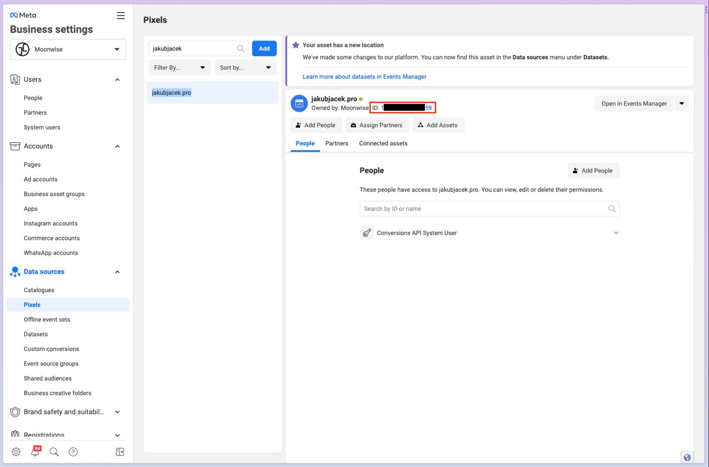 Meta Business Manager showing Pixel ID location