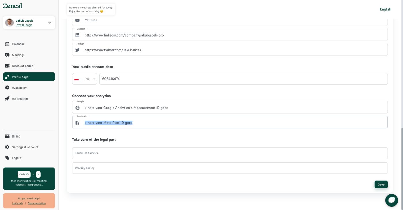 Zencal profile settings showing analytics connection section