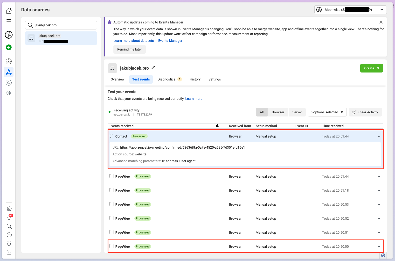 Meta Events Manager test events interface