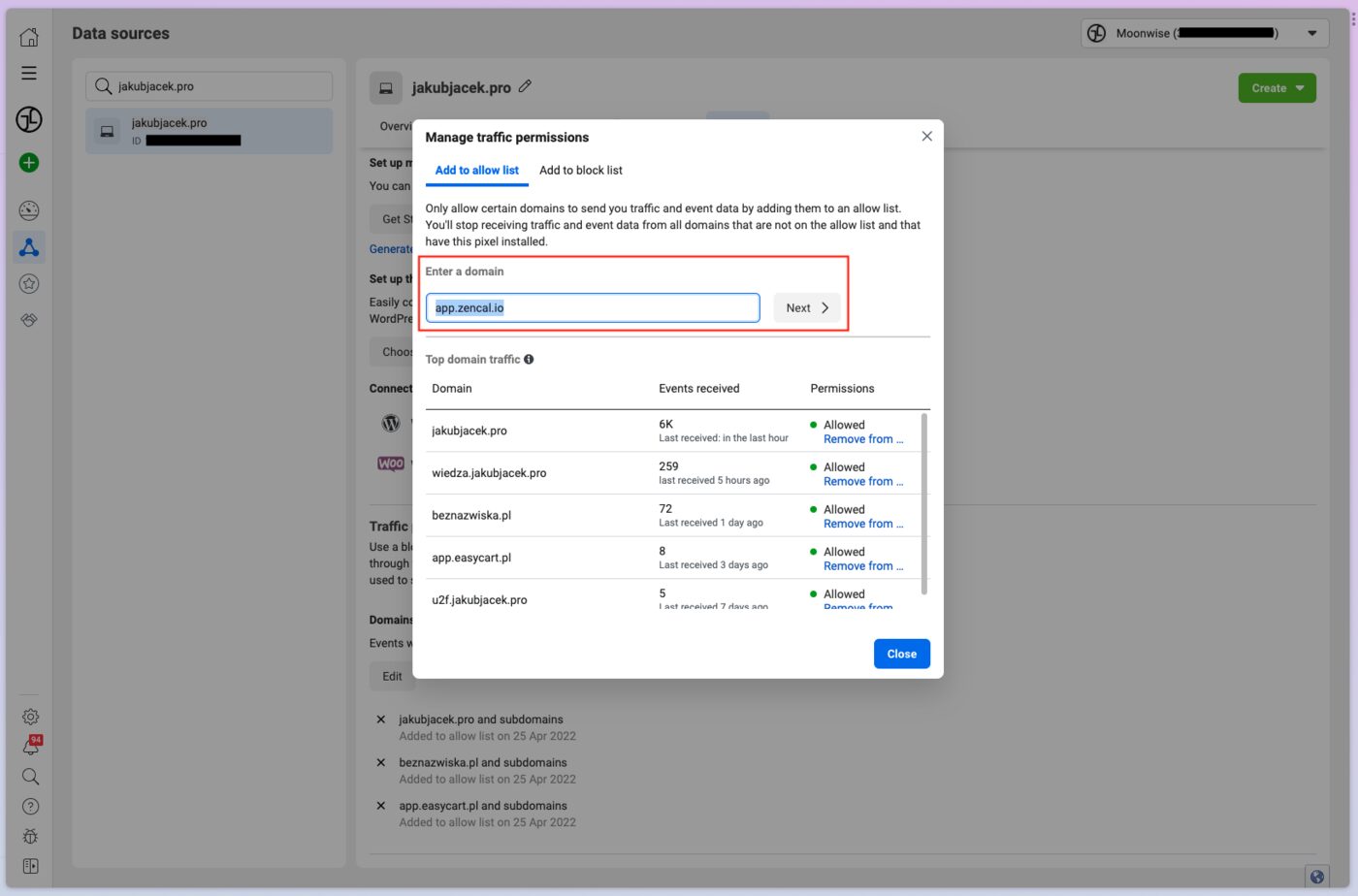 Test events results showing successful tracking
