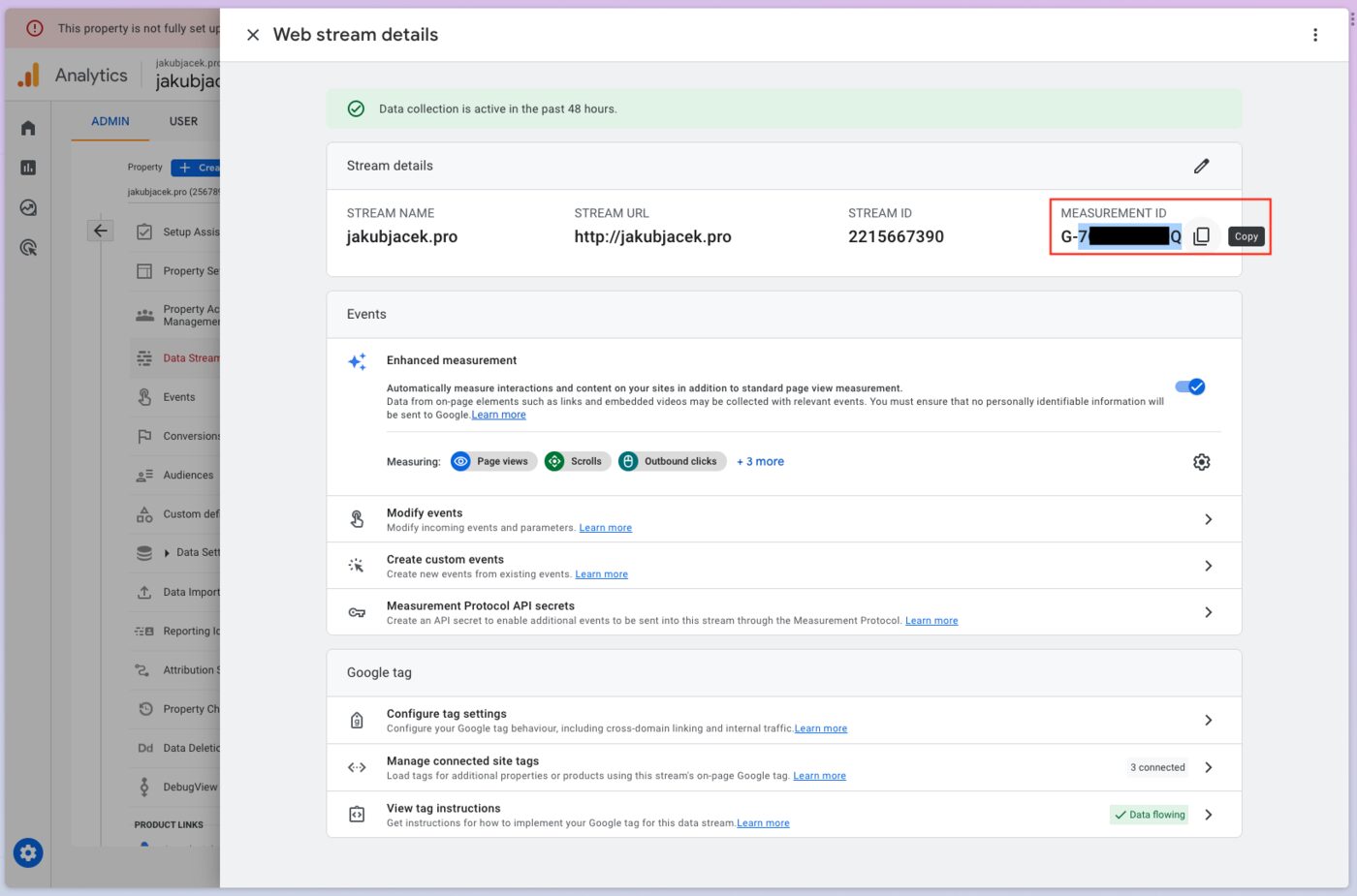 Google Analytics 4 showing Measurement ID location