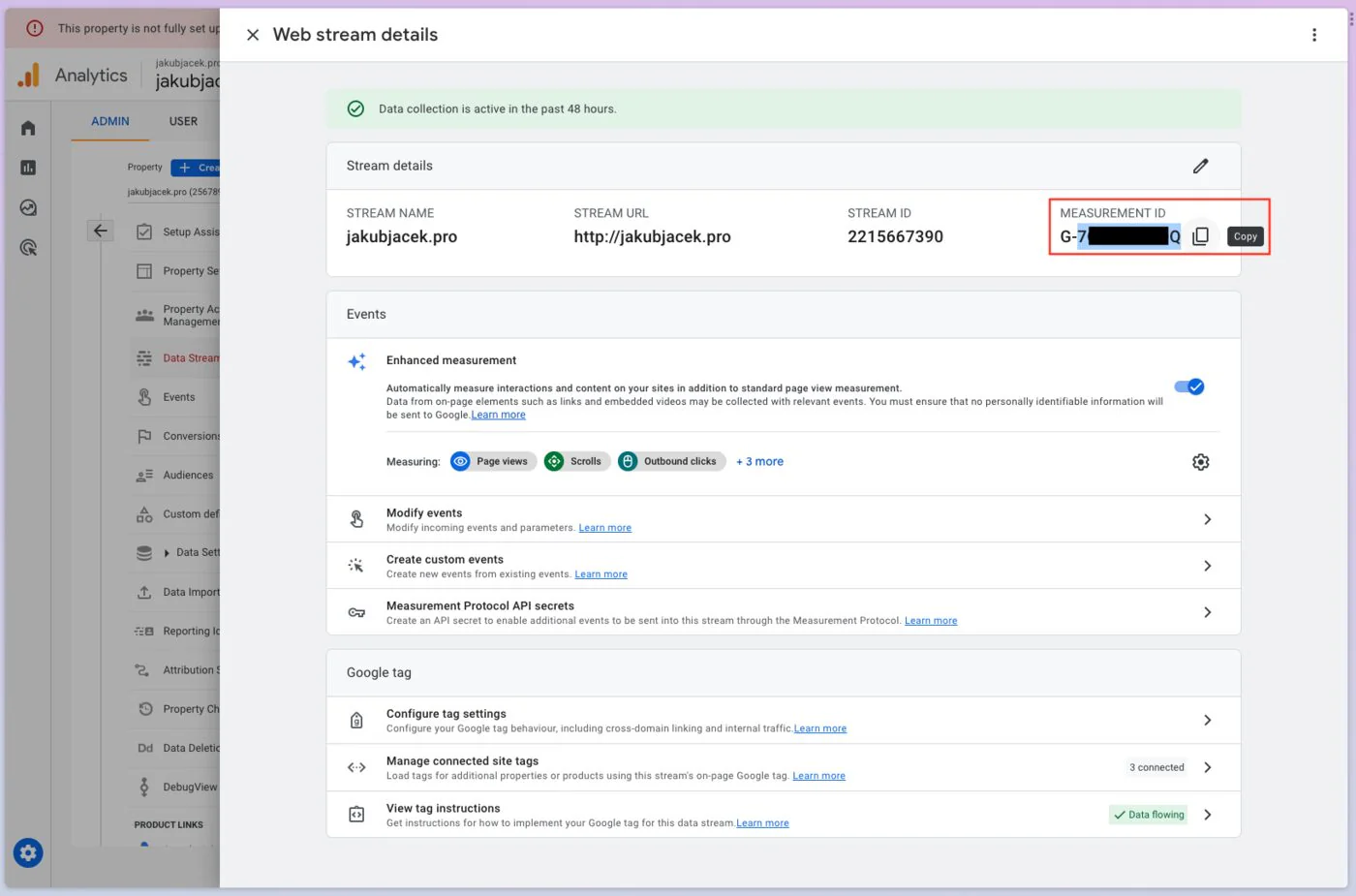 Google Analytics 4 showing Measurement ID location