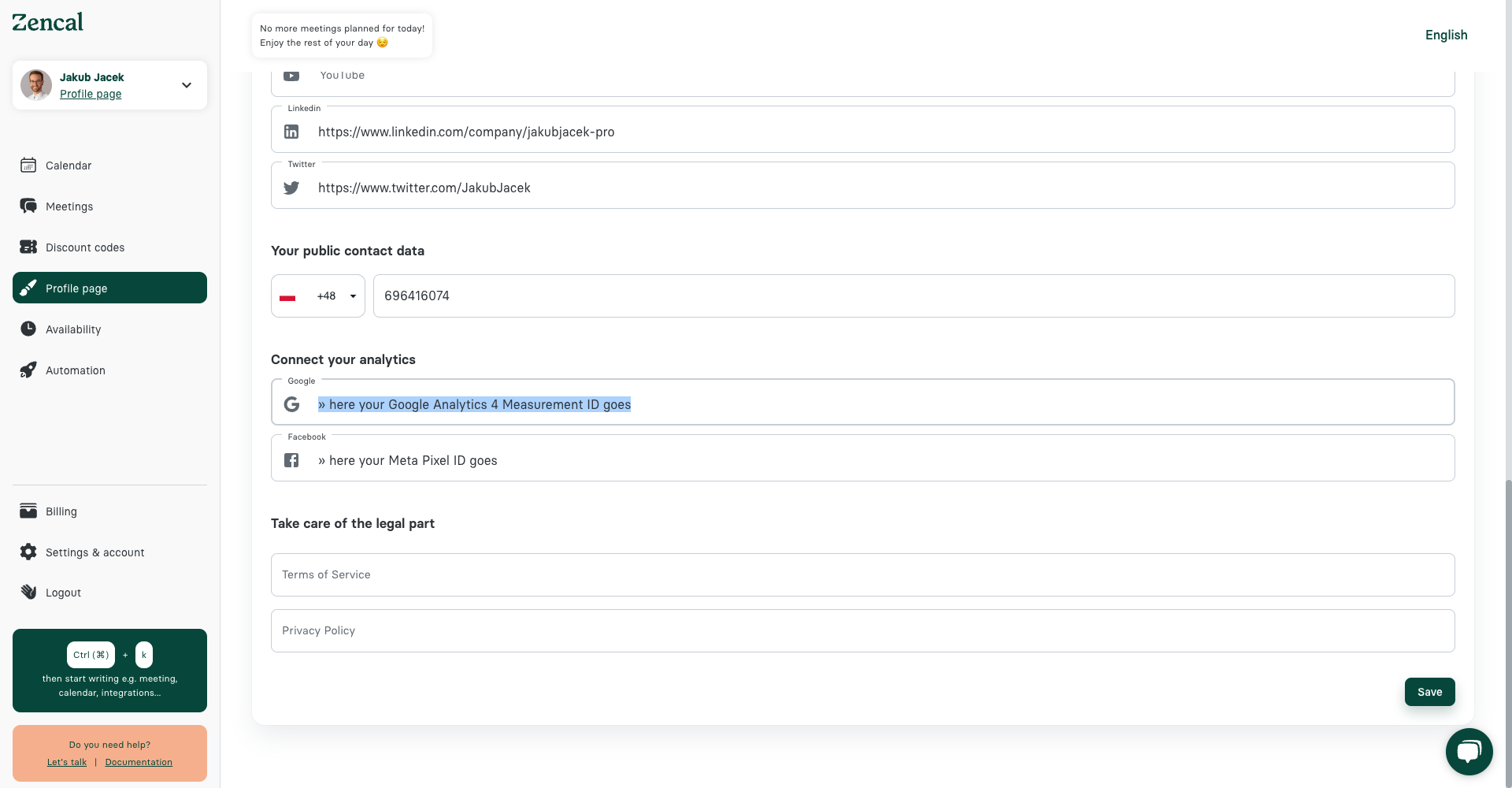 Zencal settings showing Google Analytics field