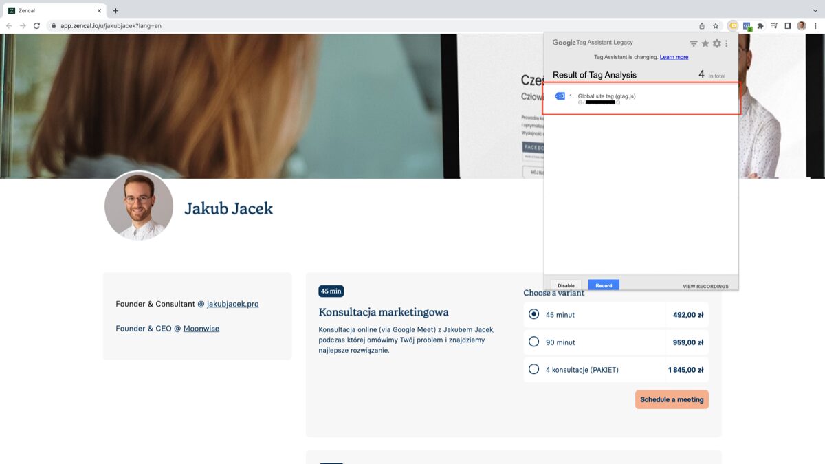 Google Tag Assistant showing gtag.js verification