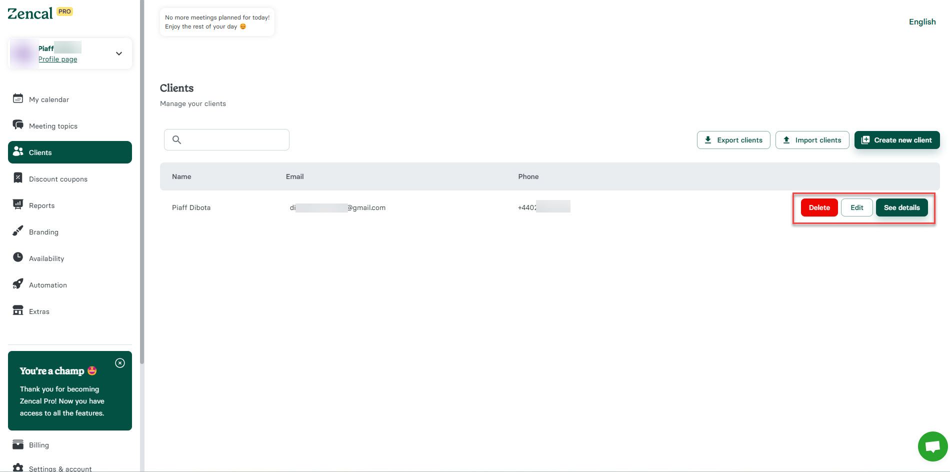 Clients Management Interface in Zencal
