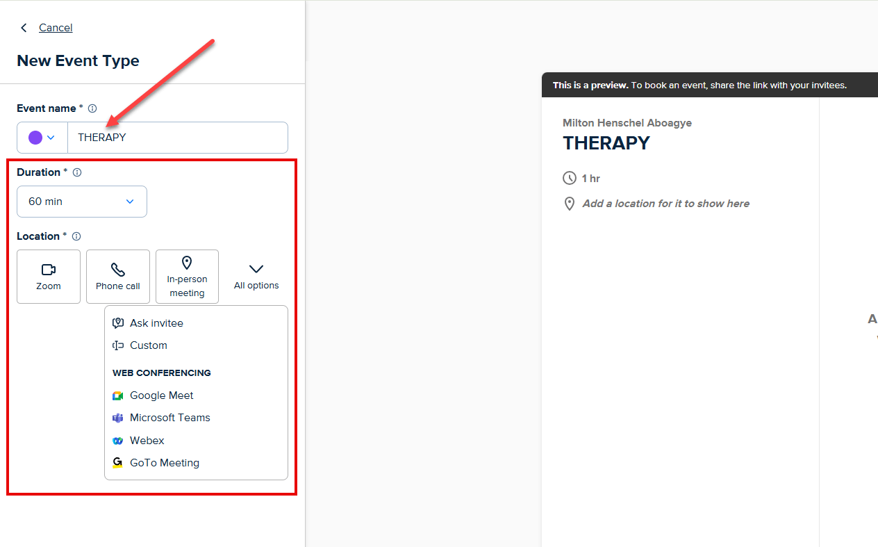 Customize Event Type in Calendly