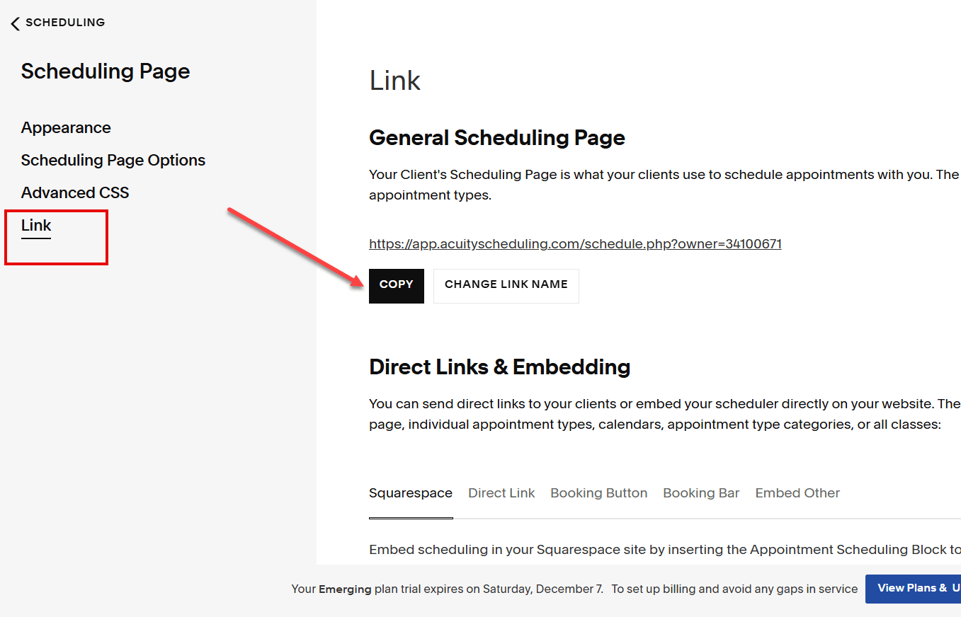 Share Acuity Scheduling Booking Page