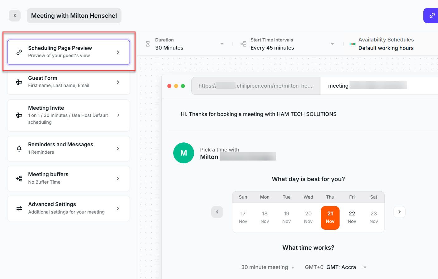 Scheduling Page Preview in ChiliCal