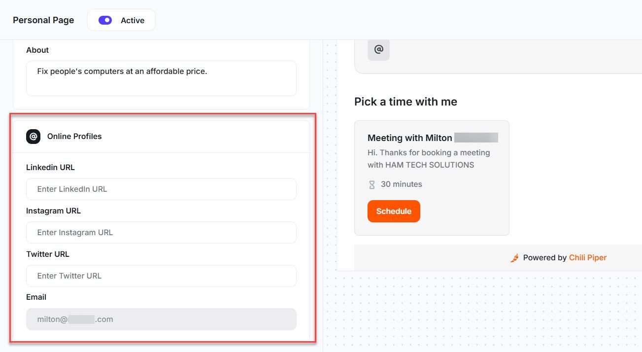 Set online profiles in meeting scheduler software