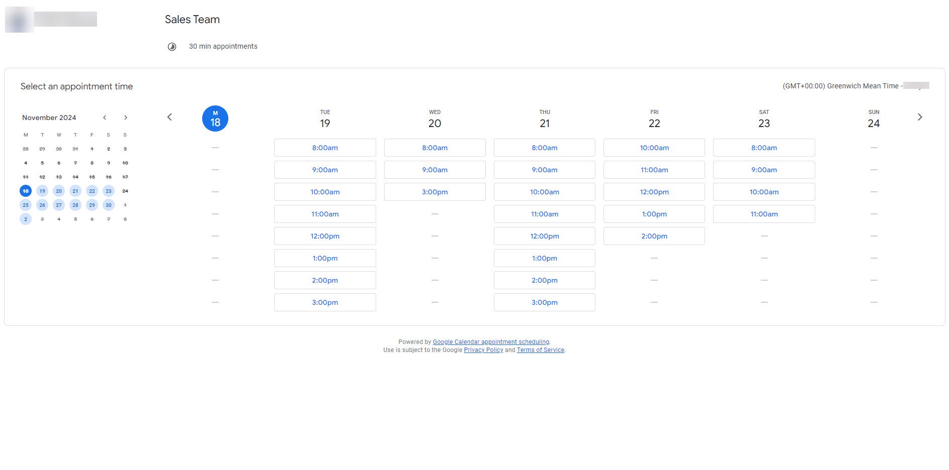 Scheduling Page Created With Google Calendar
