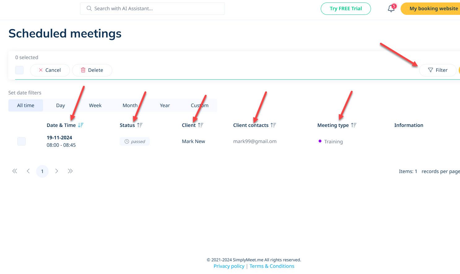 Filter Meetings in Simply Meet Scheduling App