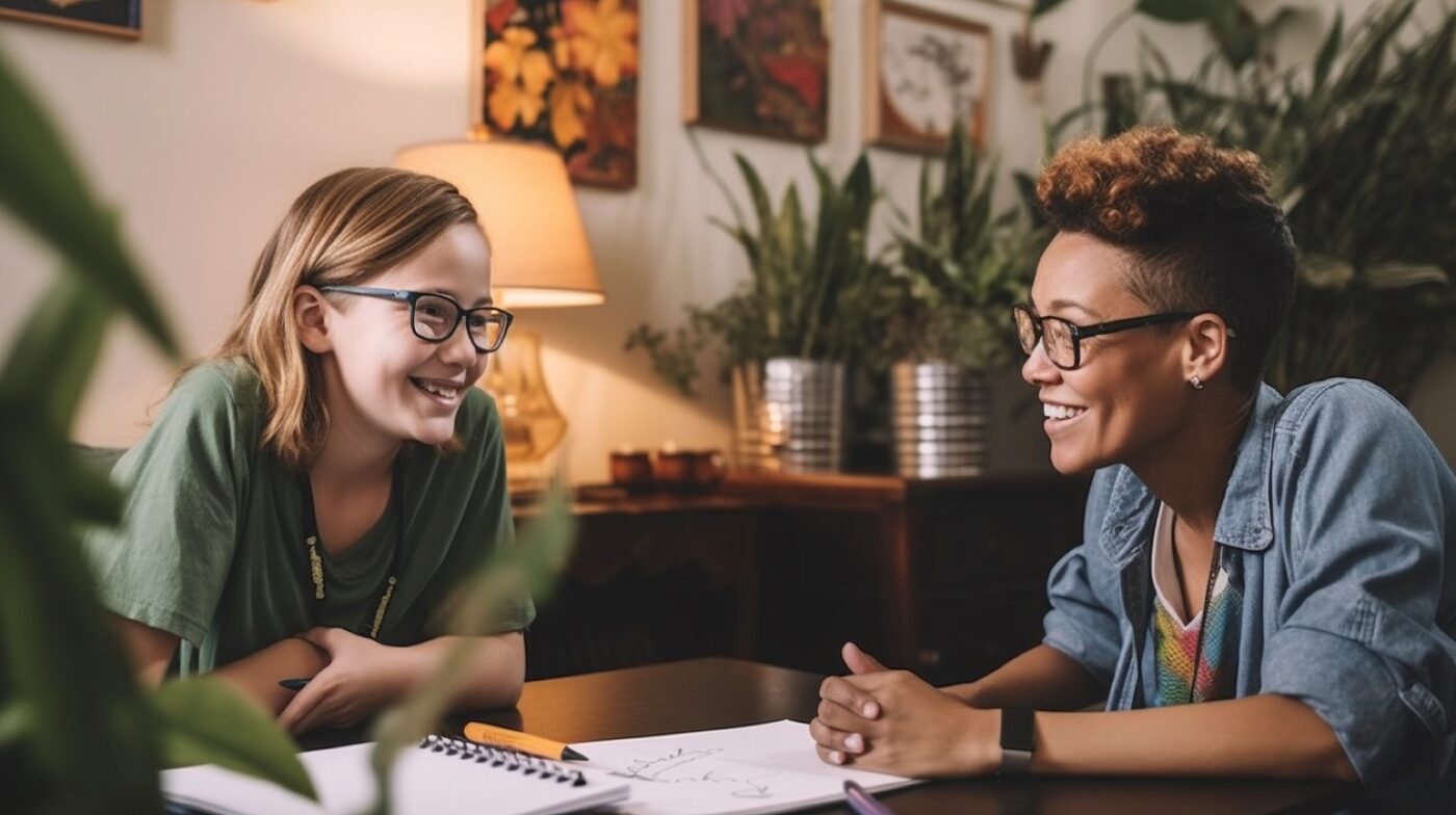 Teacher sitting with a student during math tutoring in a room with lots of greenery both smiling