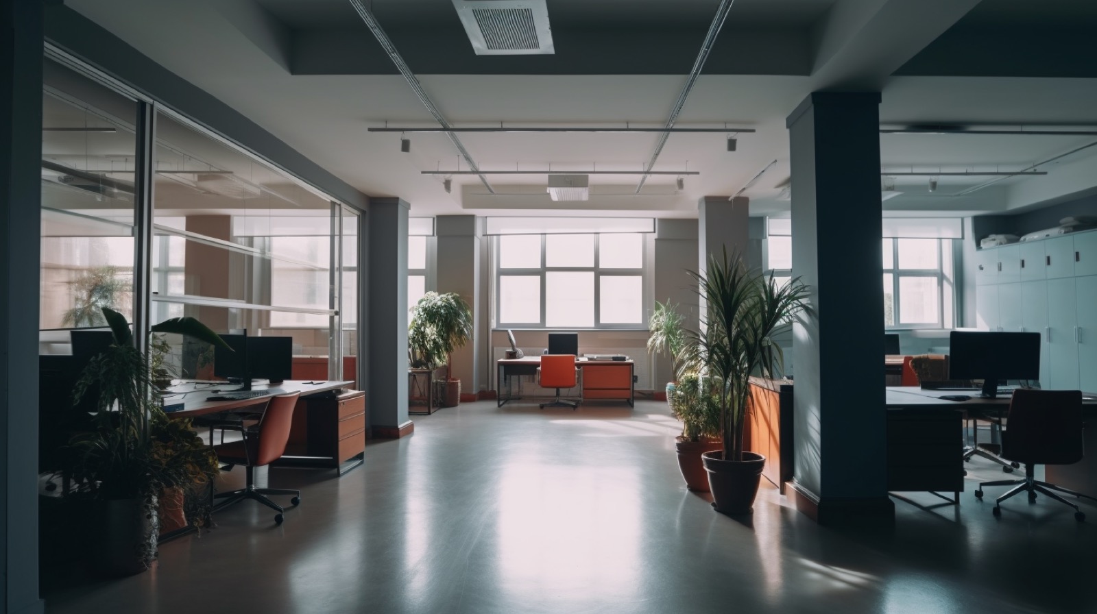 Modern office with large windows and city view